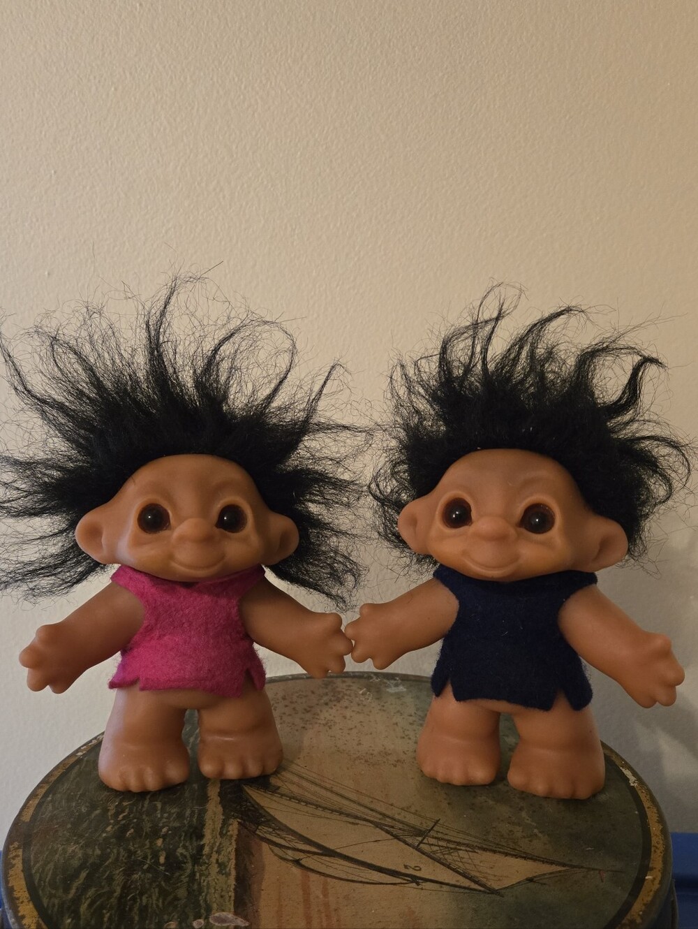 VTG 1967 Thomas Dam Troll Dolls Pair Blue & Pink Felt Outfits 4.5" 60 YEARS OLD!